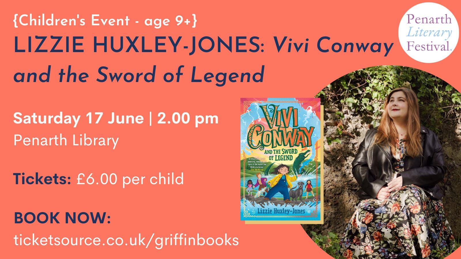 The cover of Vivi Conway and the Sword of Legend by Lizzie Huxley-Jones. The cover is fully illustrated by Harry Woodgate. Underneath the title in copper foil stands Vivi Conway, a white dark haired girl in a yellow coat, in front of a lake and mountains i